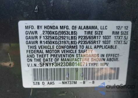 2013 Honda Pilot Lx z USA, uszkodzony, nr VIN 5FNYF3H23DB014071